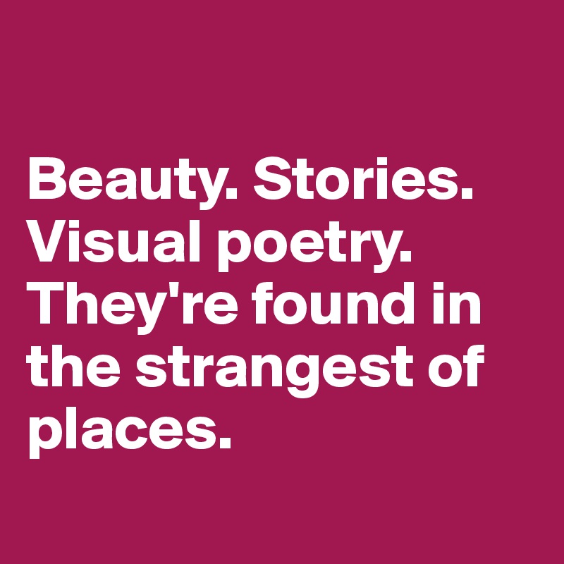 

Beauty. Stories. Visual poetry. 
They're found in the strangest of places.
