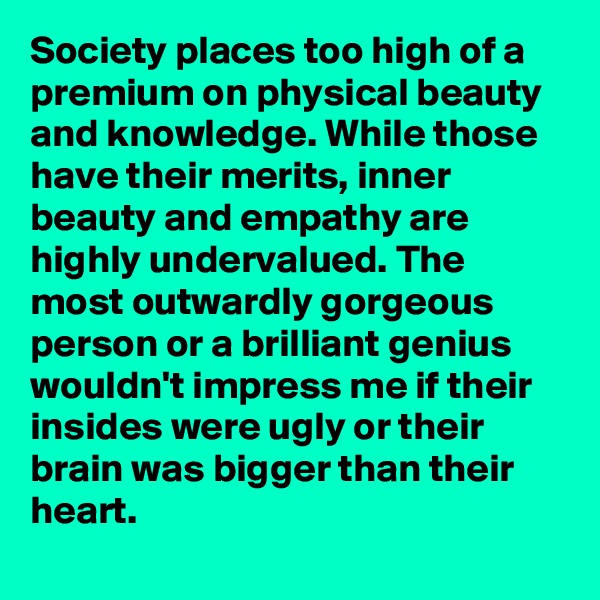Society places too high of a premium on physical beauty and knowledge. While those have their merits, inner beauty and empathy are highly undervalued. The most outwardly gorgeous person or a brilliant genius wouldn't impress me if their insides were ugly or their brain was bigger than their heart.