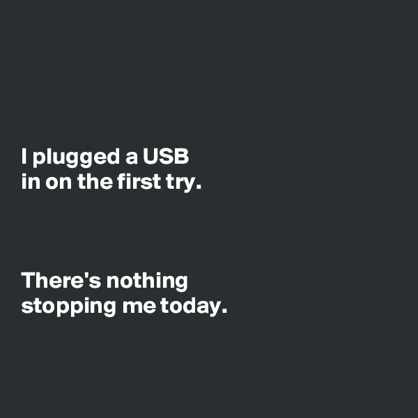 




I plugged a USB
in on the first try.



There's nothing
stopping me today.


