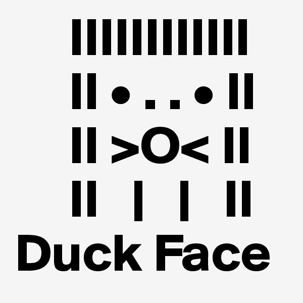      IIIIIIIIIIII
     II • . . • II
     II >O< II
     II   |   |   II
Duck Face 