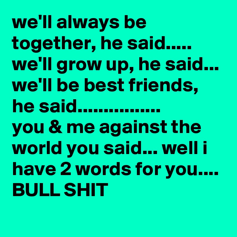 we'll always be together, he said.....
we'll grow up, he said... we'll be best friends, he said................
you & me against the world you said... well i have 2 words for you.... BULL SHIT