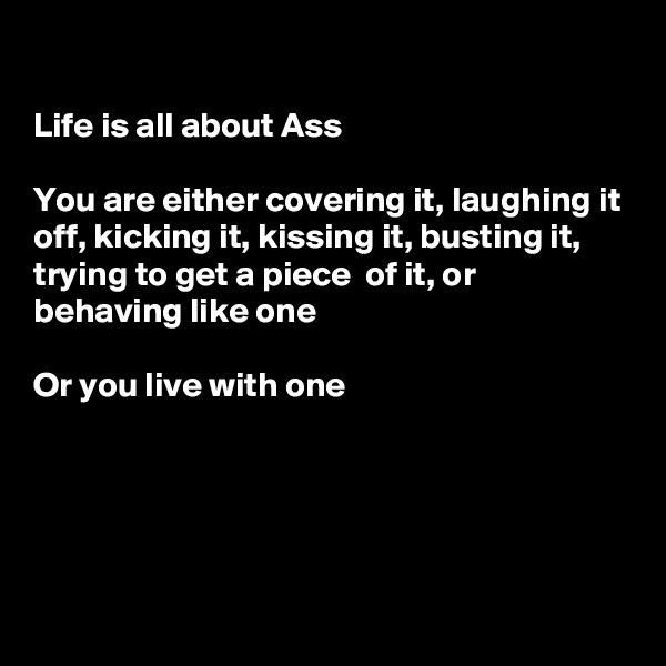 

Life is all about Ass

You are either covering it, laughing it off, kicking it, kissing it, busting it, trying to get a piece  of it, or behaving like one

Or you live with one 






