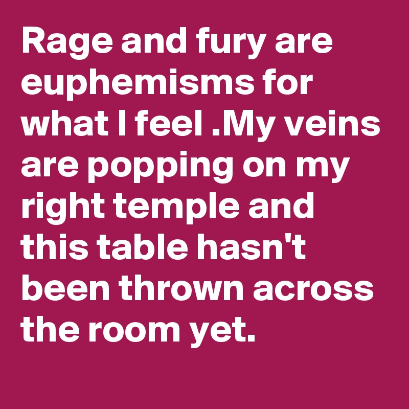 Rage and fury are euphemisms for what I feel .My veins are popping on my right temple and this table hasn't been thrown across the room yet.