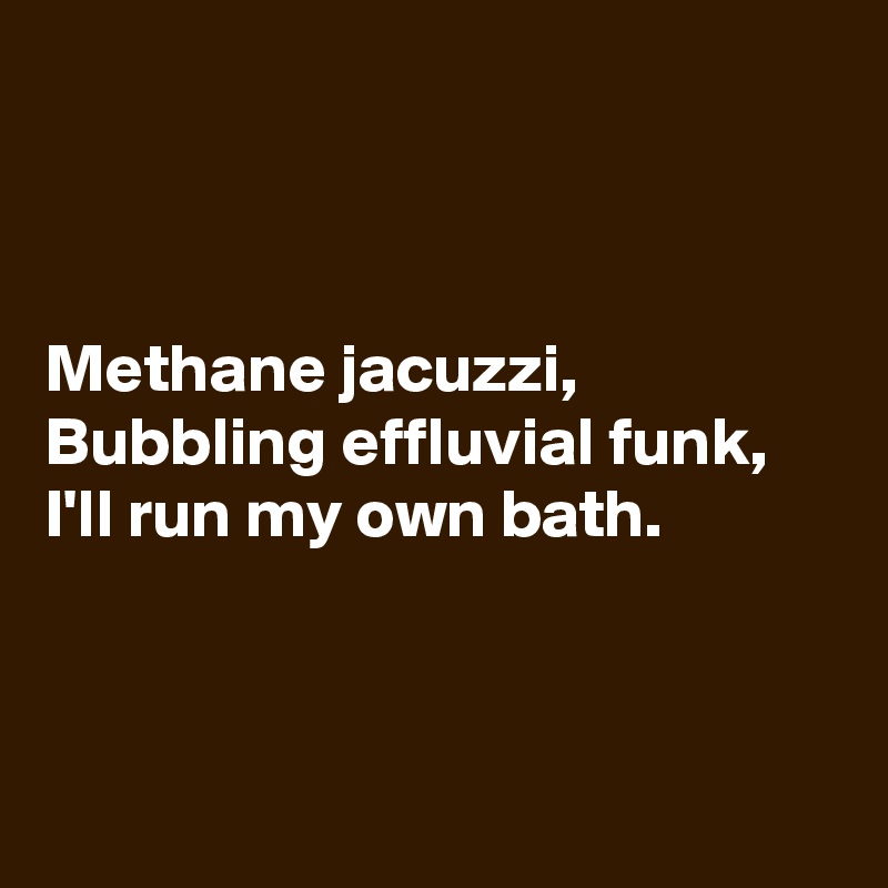 



Methane jacuzzi,
Bubbling effluvial funk,
I'll run my own bath.



