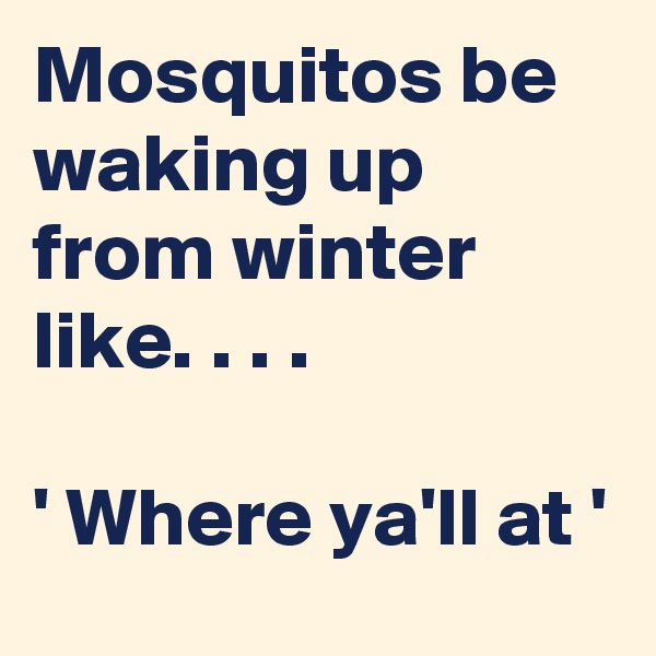 Mosquitos be waking up from winter like. . . .

' Where ya'll at ' 