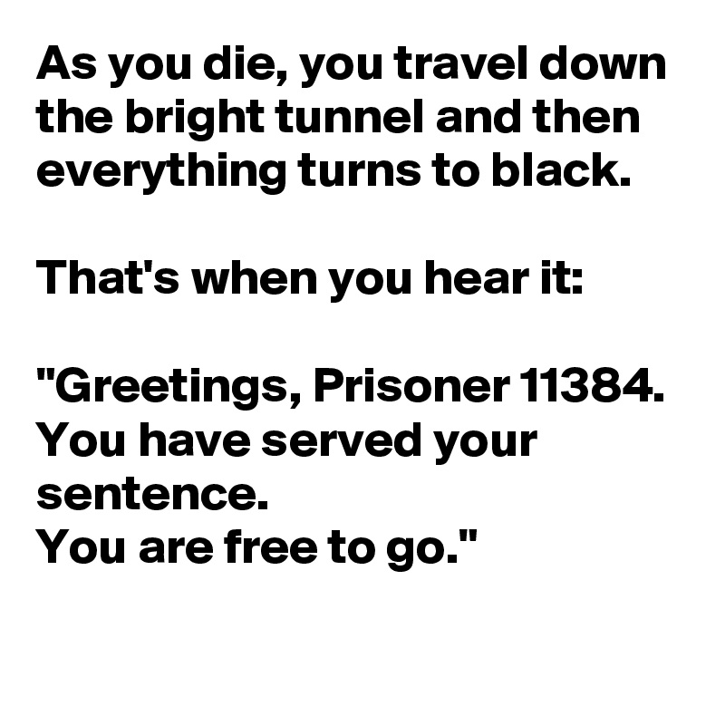 As you die, you travel down the bright tunnel and then everything turns to black.

That's when you hear it:

"Greetings, Prisoner 11384. 
You have served your sentence.
You are free to go."