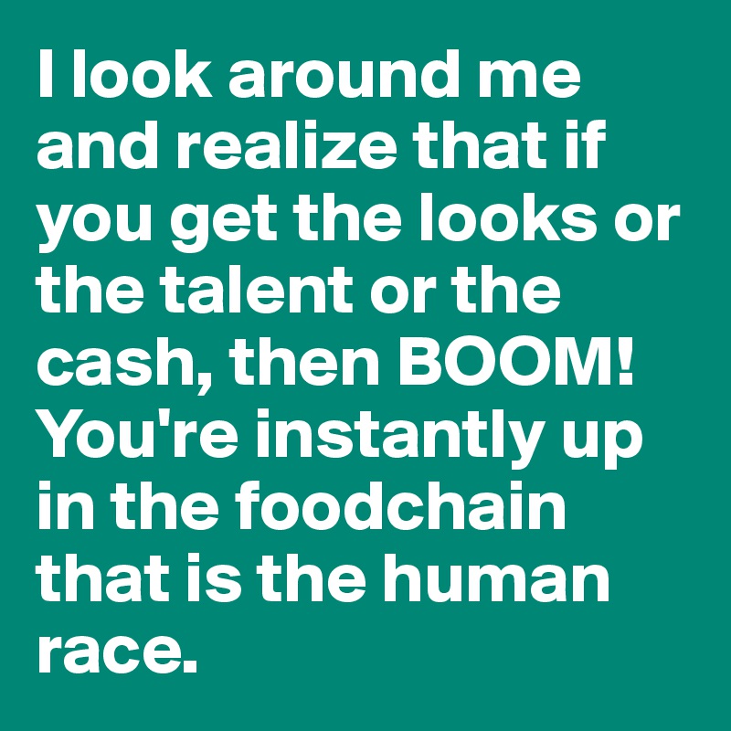 I look around me and realize that if you get the looks or the talent or the cash, then BOOM! You're instantly up in the foodchain that is the human race. 