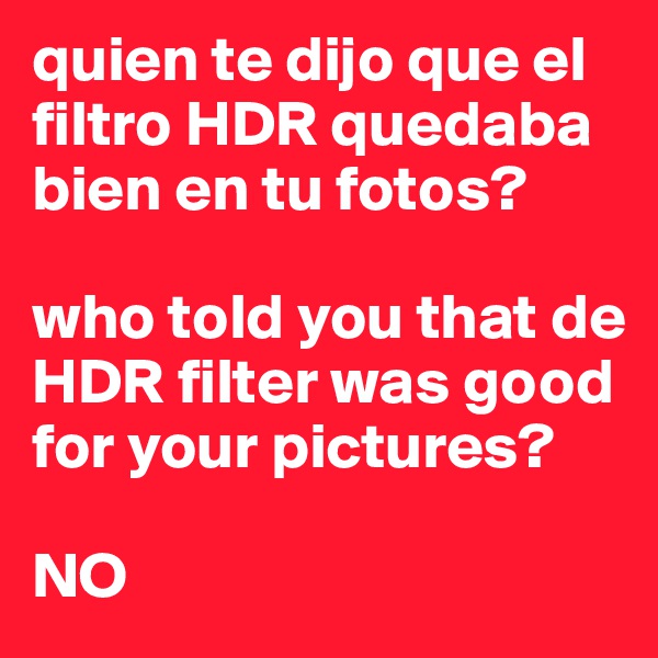 quien te dijo que el filtro HDR quedaba bien en tu fotos? 

who told you that de HDR filter was good for your pictures?

NO