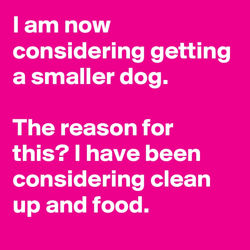 I am now considering getting a smaller dog.

The reason for this? I have been considering clean up and food.