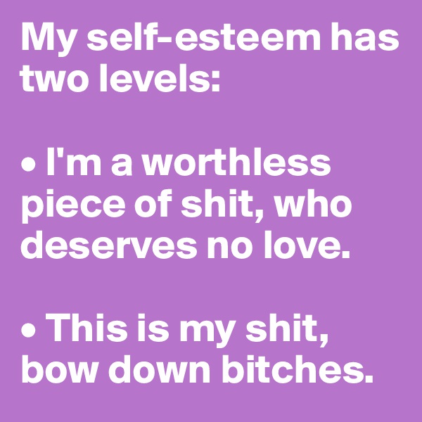 My self-esteem has two levels:

• I'm a worthless piece of shit, who deserves no love.
   
• This is my shit, bow down bitches.
