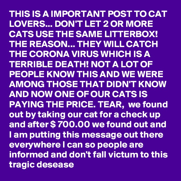 THIS IS A IMPORTANT POST TO CAT LOVERS... DON'T LET 2 OR MORE CATS USE THE SAME LITTERBOX! THE REASON... THEY WILL CATCH THE CORONA VIRUS WHICH IS A TERRIBLE DEATH! NOT A LOT OF PEOPLE KNOW THIS AND WE WERE AMONG THOSE THAT DIDN'T KNOW AND NOW ONE OF OUR CATS IS PAYING THE PRICE. TEAR,  we found out by taking our cat for a check up and after $ 700.00 we found out and I am putting this message out there everywhere I can so people are informed and don't fall victum to this tragic desease 