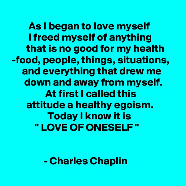          
         As I began to love myself
         I freed myself of anything                   that is no good for my health
 -food, people, things, situations,
      and everything that drew me              down and away from myself. 
                 At first I called this 
        attitude a healthy egoism. 
                  Today I know it is 
            " LOVE OF ONESELF "

                              
                - Charles Chaplin