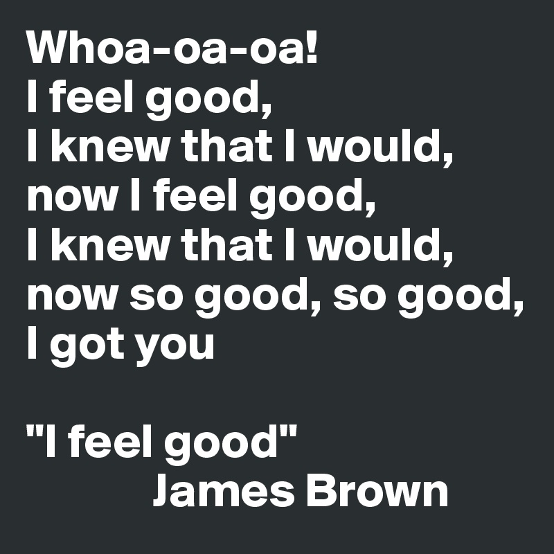 Whoa-oa-oa! 
I feel good,
I knew that I would, now I feel good, 
I knew that I would, now so good, so good, I got you 

"I feel good" 
             James Brown 