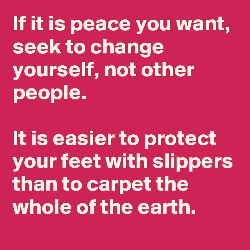 If it is peace you want, seek to change yourself, not other people.

It is easier to protect your feet with slippers than to carpet the whole of the earth.