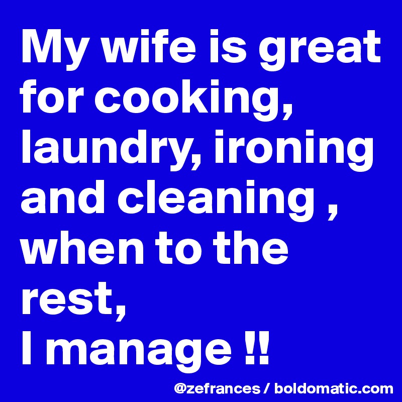 My wife is great for cooking, laundry, ironing and cleaning ,
when to the rest, 
I manage !!