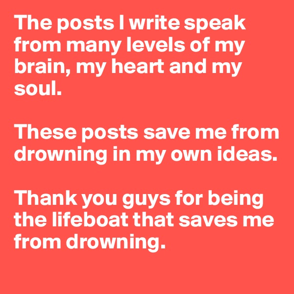 The posts I write speak from many levels of my brain, my heart and my soul. 

These posts save me from drowning in my own ideas. 

Thank you guys for being the lifeboat that saves me from drowning. 