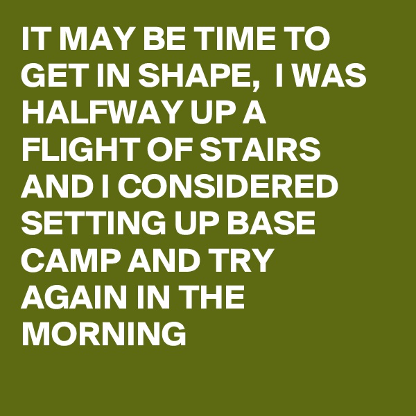 IT MAY BE TIME TO GET IN SHAPE,  I WAS HALFWAY UP A FLIGHT OF STAIRS AND I CONSIDERED SETTING UP BASE CAMP AND TRY AGAIN IN THE MORNING 

