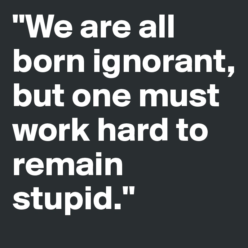 "We are all born ignorant, but one must work hard to remain stupid."