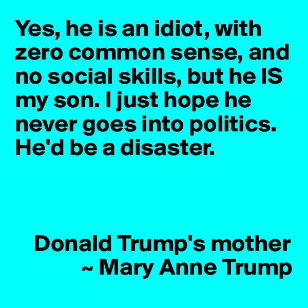 Yes, he is an idiot, with zero common sense, and no social skills, but he IS my son. I just hope he never goes into politics. He'd be a disaster.



    Donald Trump's mother
              ~ Mary Anne Trump