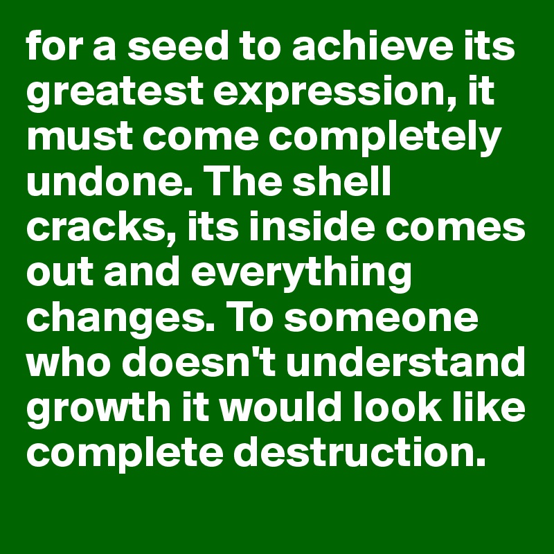 for a seed to achieve its greatest expression, it must come completely undone. The shell cracks, its inside comes out and everything changes. To someone who doesn't understand growth it would look like complete destruction. 