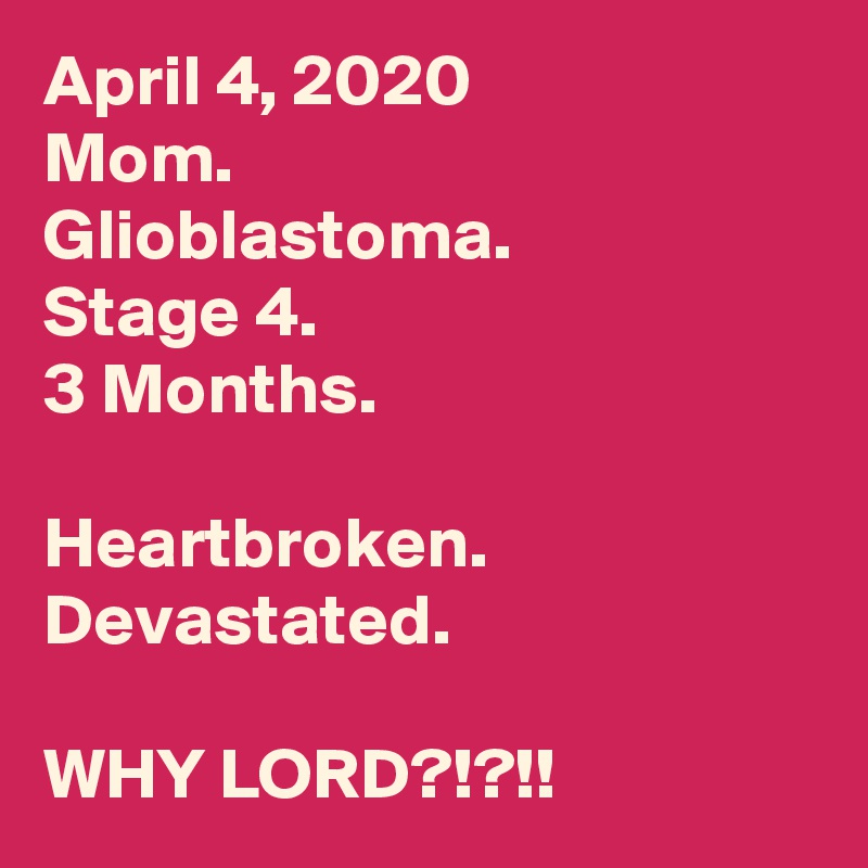 April 4, 2020
Mom.
Glioblastoma. 
Stage 4.
3 Months.

Heartbroken. 
Devastated. 

WHY LORD?!?!!