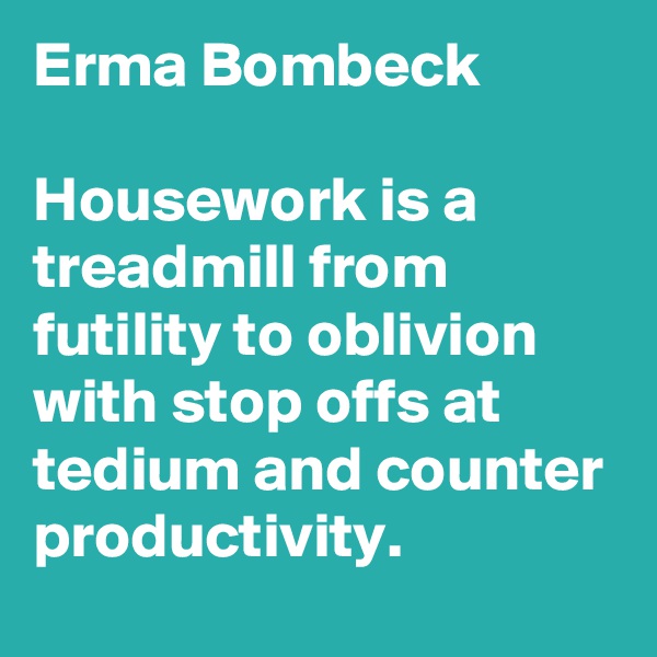 Erma Bombeck

Housework is a treadmill from futility to oblivion with stop offs at tedium and counter productivity.