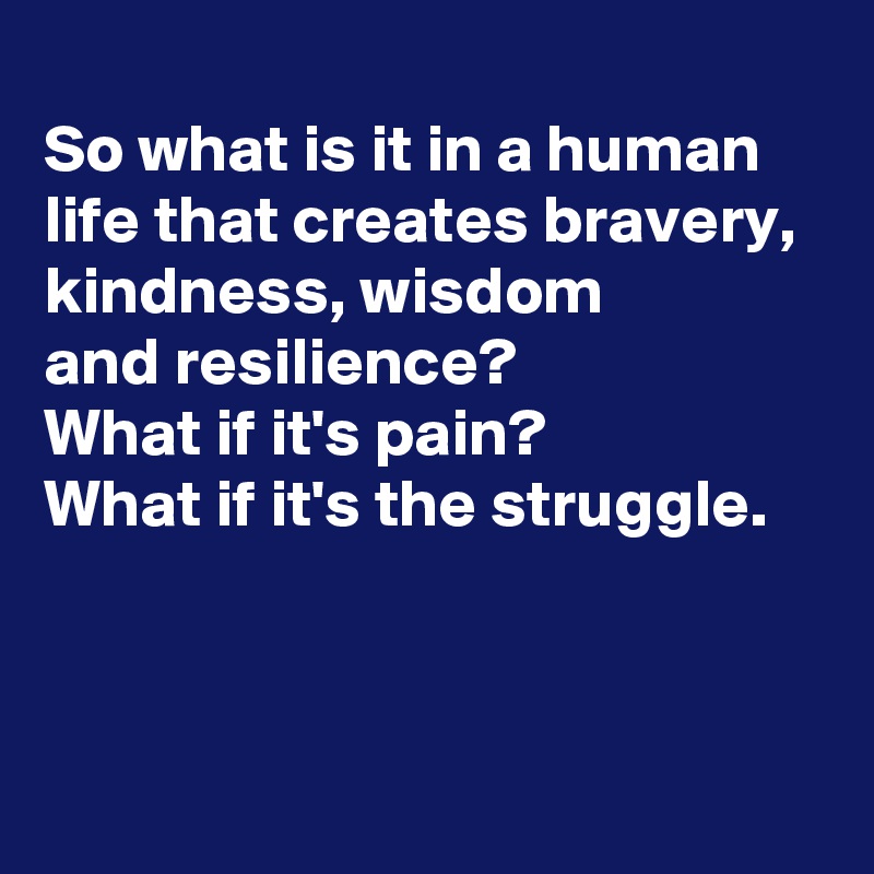 
So what is it in a human life that creates bravery, 
kindness, wisdom 
and resilience?
What if it's pain?
What if it's the struggle.



