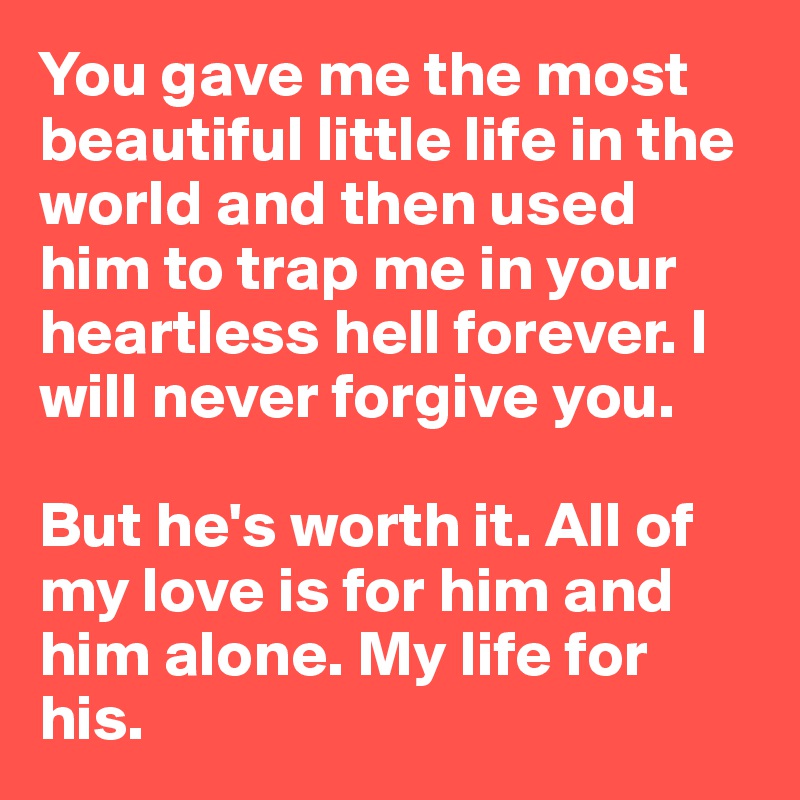 You gave me the most beautiful little life in the world and then used him to trap me in your heartless hell forever. I will never forgive you.

But he's worth it. All of my love is for him and him alone. My life for his.