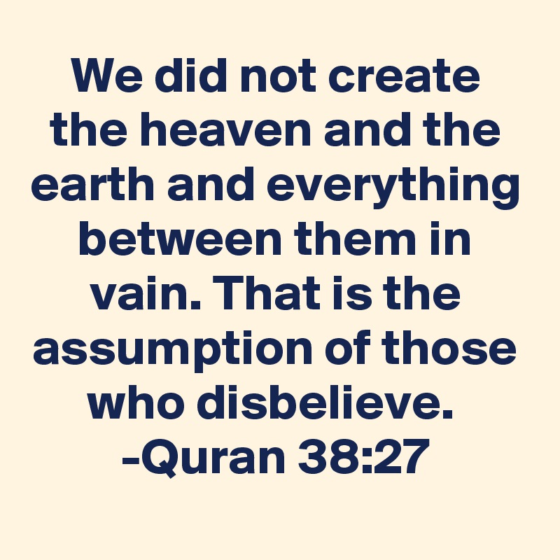 We did not create the heaven and the earth and everything between them in vain. That is the assumption of those who disbelieve. 
-Quran 38:27
