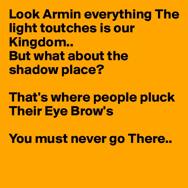 Look Armin everything The light toutches is our Kingdom..
But what about the shadow place?

That's where people pluck 
Their Eye Brow's

You must never go There..

