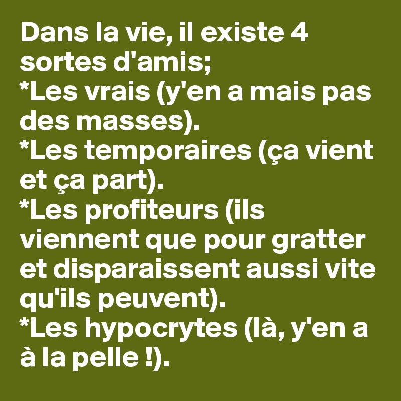 Dans la vie, il existe 4 sortes d'amis;
*Les vrais (y'en a mais pas des masses).
*Les temporaires (ça vient et ça part).
*Les profiteurs (ils viennent que pour gratter et disparaissent aussi vite qu'ils peuvent).
*Les hypocrytes (là, y'en a à la pelle !).