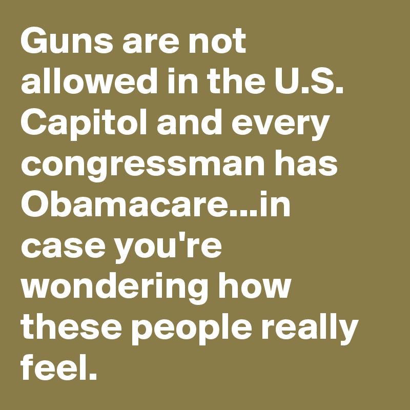 Guns are not allowed in the U.S. Capitol and every congressman has Obamacare...in case you're wondering how these people really feel.