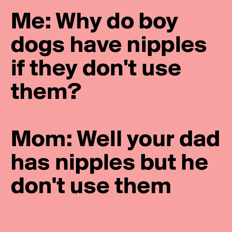 Me: Why do boy dogs have nipples if they don't use them? 

Mom: Well your dad has nipples but he don't use them