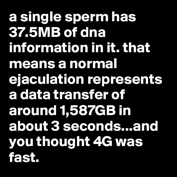 a single sperm has 37.5MB of dna information in it. that means a normal ejaculation represents a data transfer of around 1,587GB in about 3 seconds...and you thought 4G was fast.