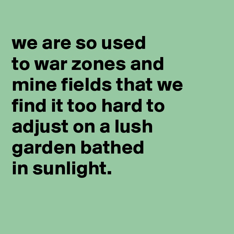 
we are so used
to war zones and
mine fields that we find it too hard to adjust on a lush garden bathed
in sunlight.

