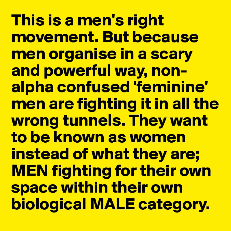 This is a men's right movement. But because men organise in a scary and powerful way, non-alpha confused 'feminine' men are fighting it in all the wrong tunnels. They want to be known as women instead of what they are; MEN fighting for their own space within their own biological MALE category. 