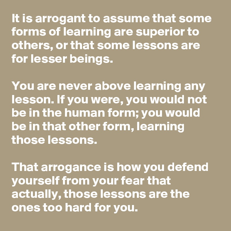 It is arrogant to assume that some forms of learning are superior to others, or that some lessons are for lesser beings.

You are never above learning any lesson. If you were, you would not be in the human form; you would be in that other form, learning those lessons.

That arrogance is how you defend yourself from your fear that actually, those lessons are the ones too hard for you.
