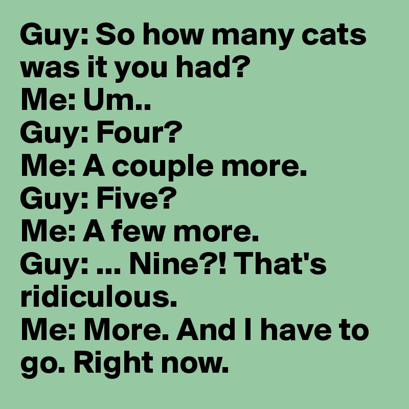 Guy: So how many cats was it you had?
Me: Um..
Guy: Four?
Me: A couple more.
Guy: Five?
Me: A few more.
Guy: ... Nine?! That's ridiculous.
Me: More. And I have to go. Right now.
