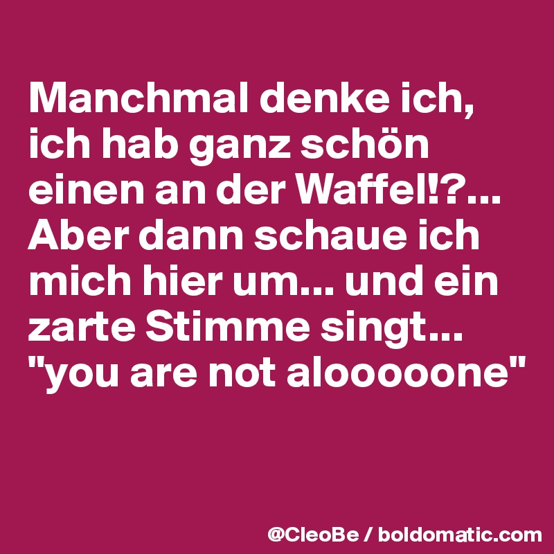 
Manchmal denke ich, ich hab ganz schön einen an der Waffel!?... 
Aber dann schaue ich mich hier um... und ein zarte Stimme singt... "you are not alooooone"

