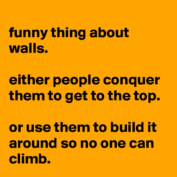 
funny thing about walls.

either people conquer them to get to the top.

or use them to build it around so no one can climb.