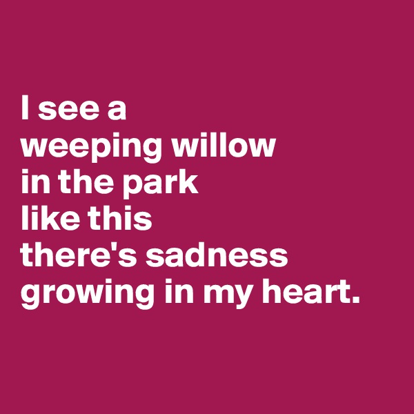 

I see a 
weeping willow 
in the park
like this 
there's sadness growing in my heart.

