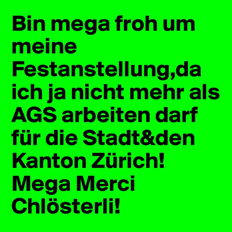 Bin mega froh um meine Festanstellung,da ich ja nicht mehr als AGS arbeiten darf für die Stadt&den Kanton Zürich!
Mega Merci Chlösterli!