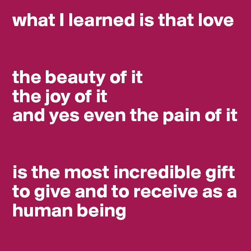 what I learned is that love


the beauty of it
the joy of it
and yes even the pain of it


is the most incredible gift to give and to receive as a human being