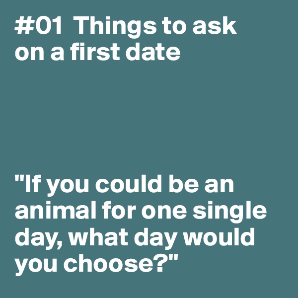 #01  Things to ask 
on a first date




"If you could be an animal for one single day, what day would 
you choose?"