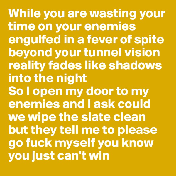 While you are wasting your time on your enemies engulfed in a fever of spite
beyond your tunnel vision reality fades like shadows into the night
So I open my door to my enemies and I ask could we wipe the slate clean but they tell me to please go fuck myself you know you just can't win