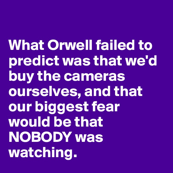 

What Orwell failed to predict was that we'd buy the cameras ourselves, and that our biggest fear would be that NOBODY was watching.
