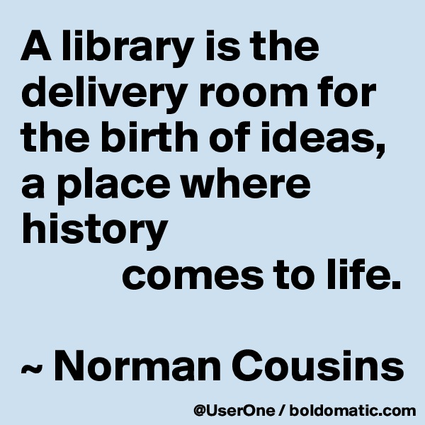 A library is the delivery room for the birth of ideas, a place where history
           comes to life.

~ Norman Cousins