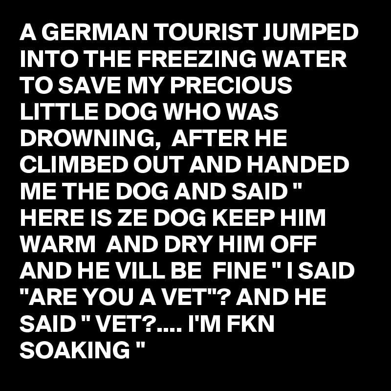 A GERMAN TOURIST JUMPED INTO THE FREEZING WATER TO SAVE MY PRECIOUS LITTLE DOG WHO WAS DROWNING,  AFTER HE CLIMBED OUT AND HANDED ME THE DOG AND SAID " HERE IS ZE DOG KEEP HIM WARM  AND DRY HIM OFF AND HE VILL BE  FINE " I SAID "ARE YOU A VET"? AND HE SAID " VET?.... I'M FKN SOAKING "
