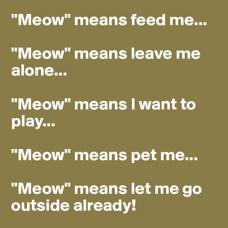 "Meow" means feed me...

"Meow" means leave me alone...

"Meow" means I want to play...

"Meow" means pet me...

"Meow" means let me go outside already!
