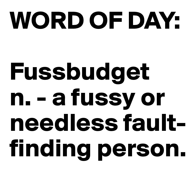 WORD OF DAY: 

Fussbudget 
n. - a fussy or needless fault-finding person.